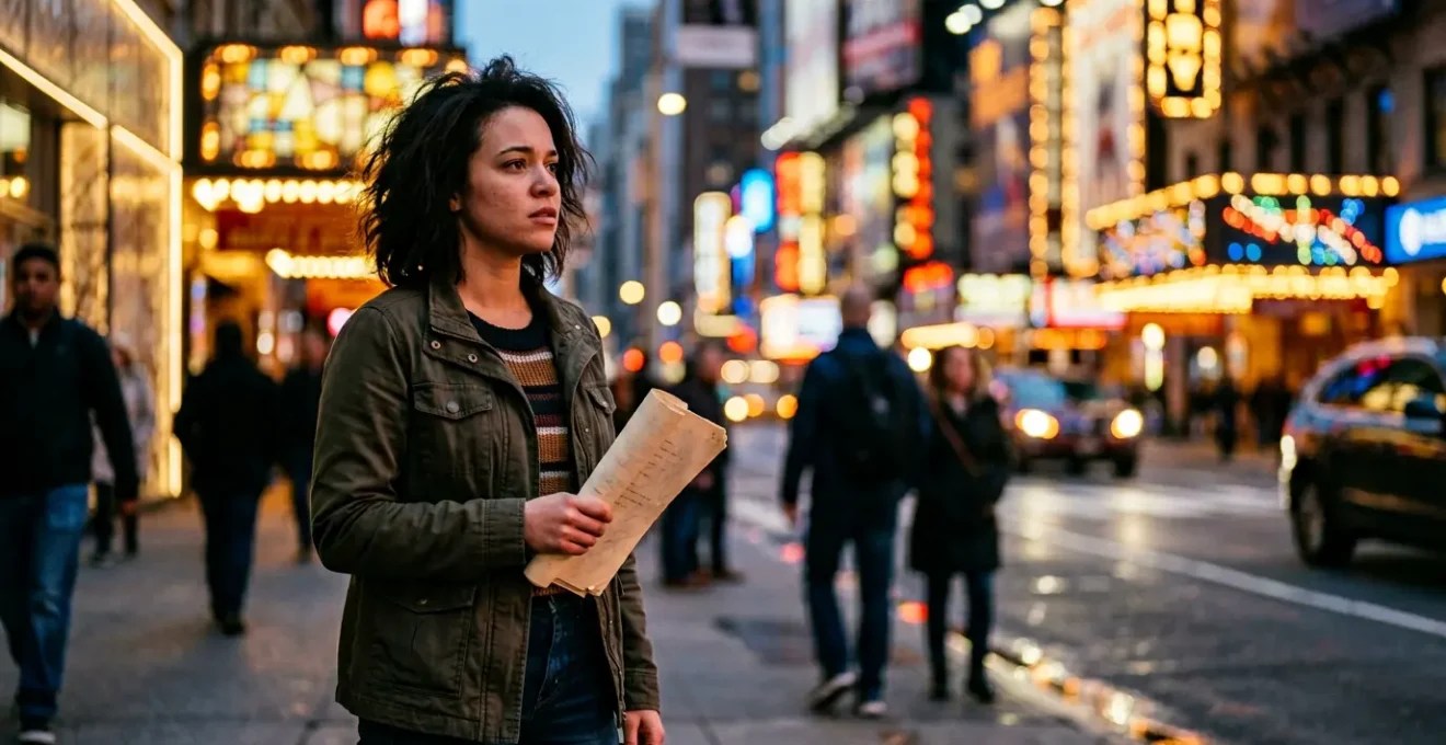 Actor contemplating their journey in New York City with Times Square lights blurred in background