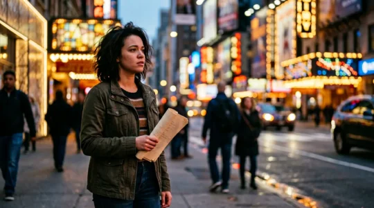 Actor contemplating their journey in New York City with Times Square lights blurred in background