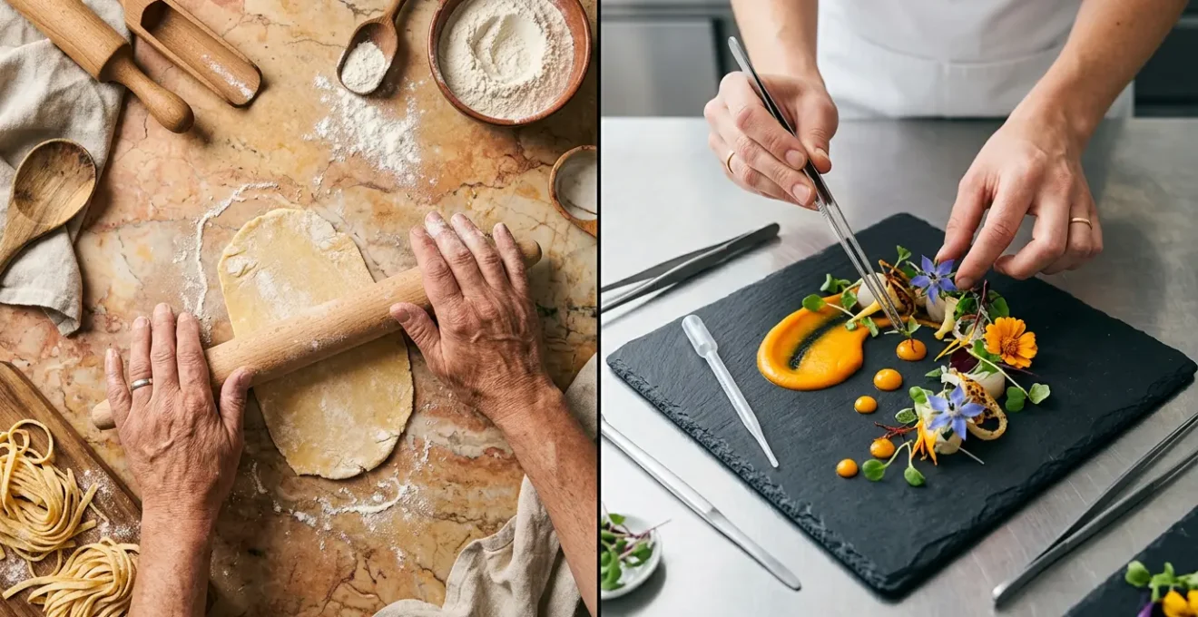 Split-scene editorial photograph capturing authentic traditional cooking versus modern fusion cuisine in New York restaurant kitchen