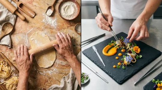 Split-scene editorial photograph capturing authentic traditional cooking versus modern fusion cuisine in New York restaurant kitchen