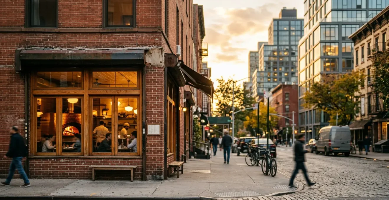 Family-run pizzeria storefront in gentrified Brooklyn neighborhood balancing tradition with modern urban challenges