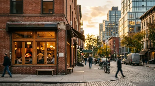 Family-run pizzeria storefront in gentrified Brooklyn neighborhood balancing tradition with modern urban challenges