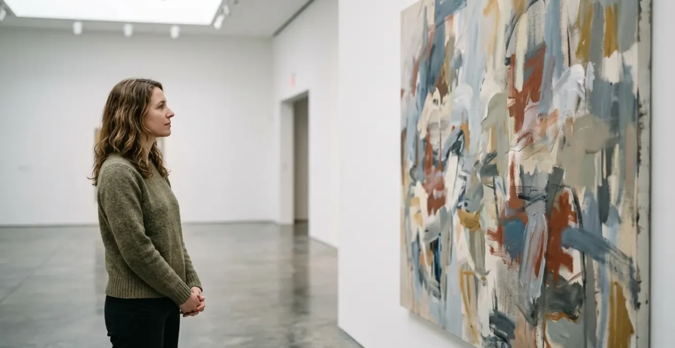 Person viewing contemporary artwork in a bright Chelsea gallery space with natural light
