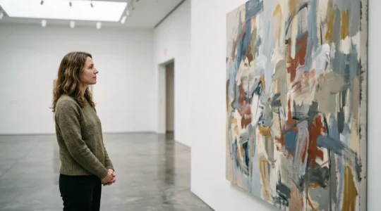 Person viewing contemporary artwork in a bright Chelsea gallery space with natural light