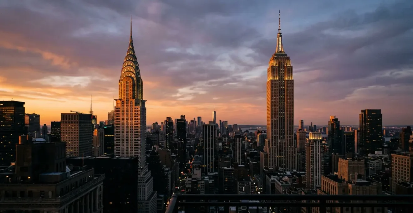 Chrysler Building and Empire State Building Art Deco spires rising against Manhattan skyline