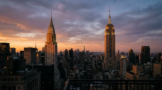 Chrysler Building and Empire State Building Art Deco spires rising against Manhattan skyline