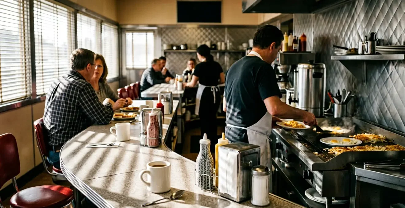 Classic New York City diner interior with vintage counter stools and breakfast service