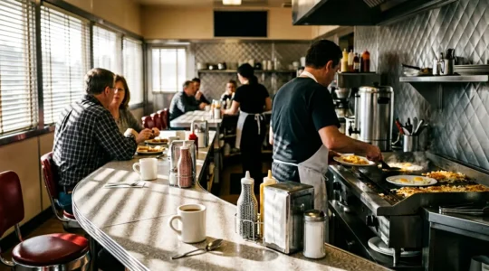Classic New York City diner interior with vintage counter stools and breakfast service