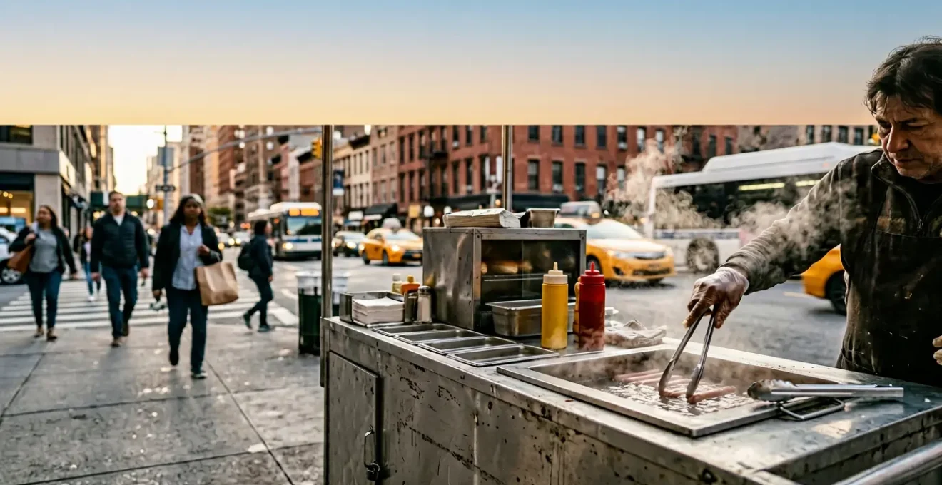Steam rising from a professional hot dog cart water bath on a busy urban street corner