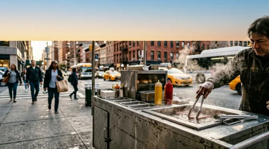 Steam rising from a professional hot dog cart water bath on a busy urban street corner