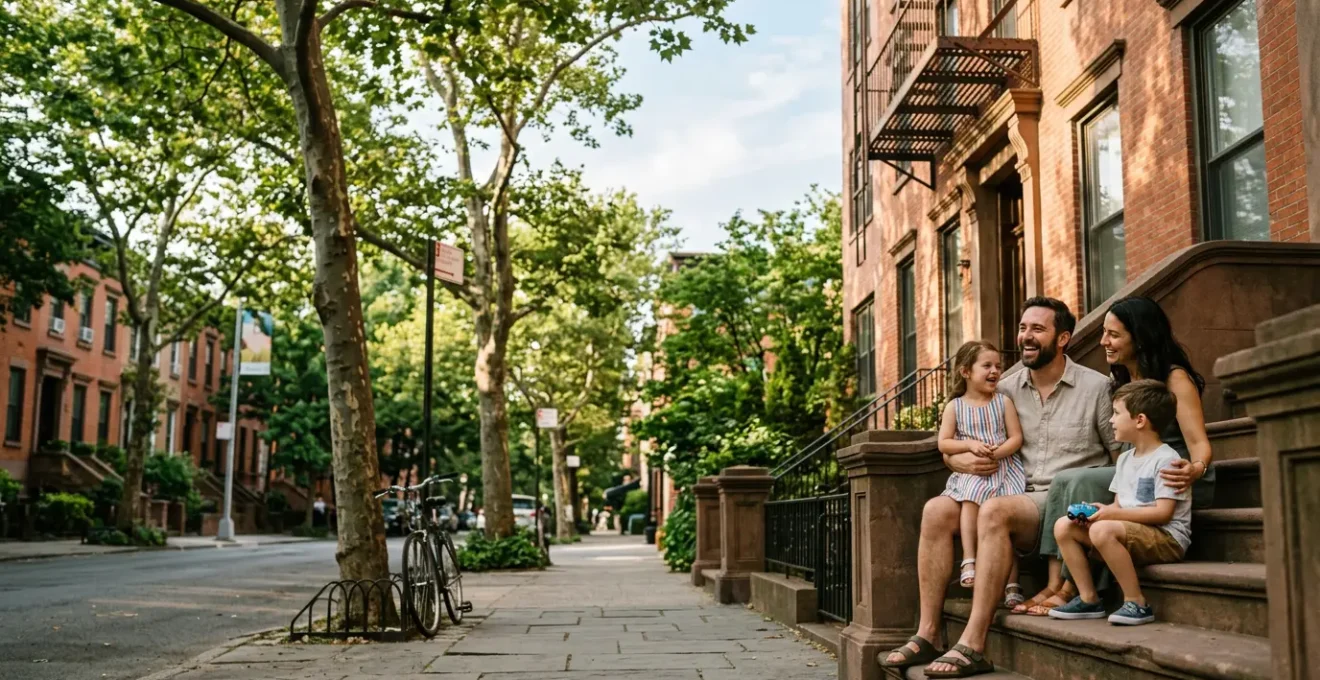 Wide editorial shot showing a family moment in New York City with small-town atmosphere elements