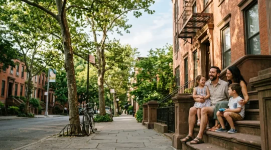 Wide editorial shot showing a family moment in New York City with small-town atmosphere elements