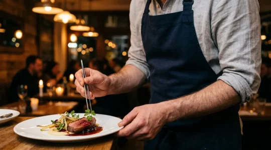 Intimate fine dining moment capturing the essence of NYC's gastronomic culture