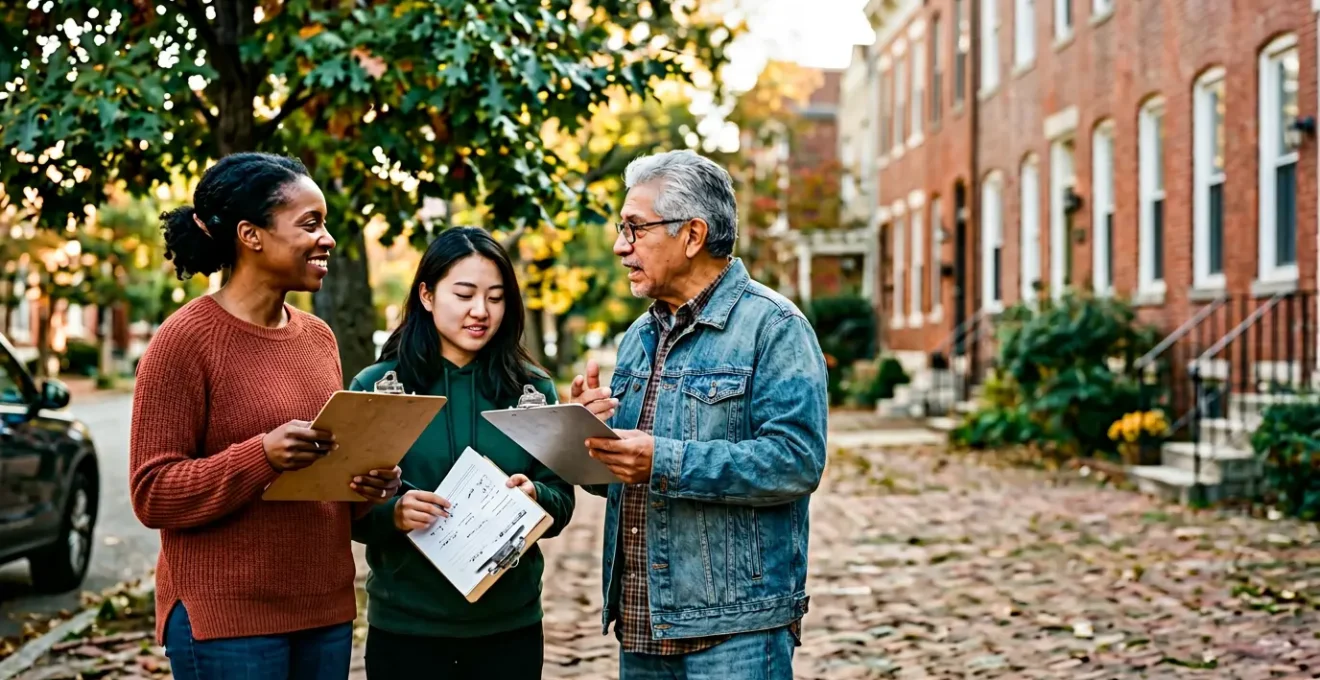 Community members gathering in a neighborhood street holding petition clipboards during a grassroots activism campaign