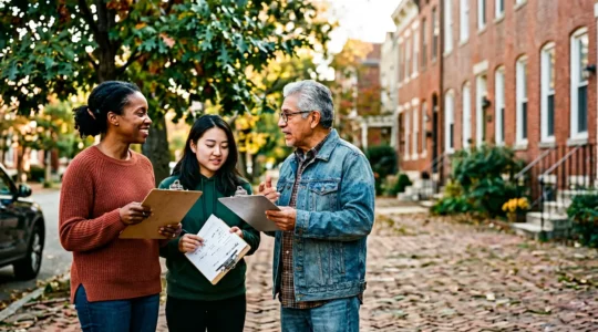 Community members gathering in a neighborhood street holding petition clipboards during a grassroots activism campaign