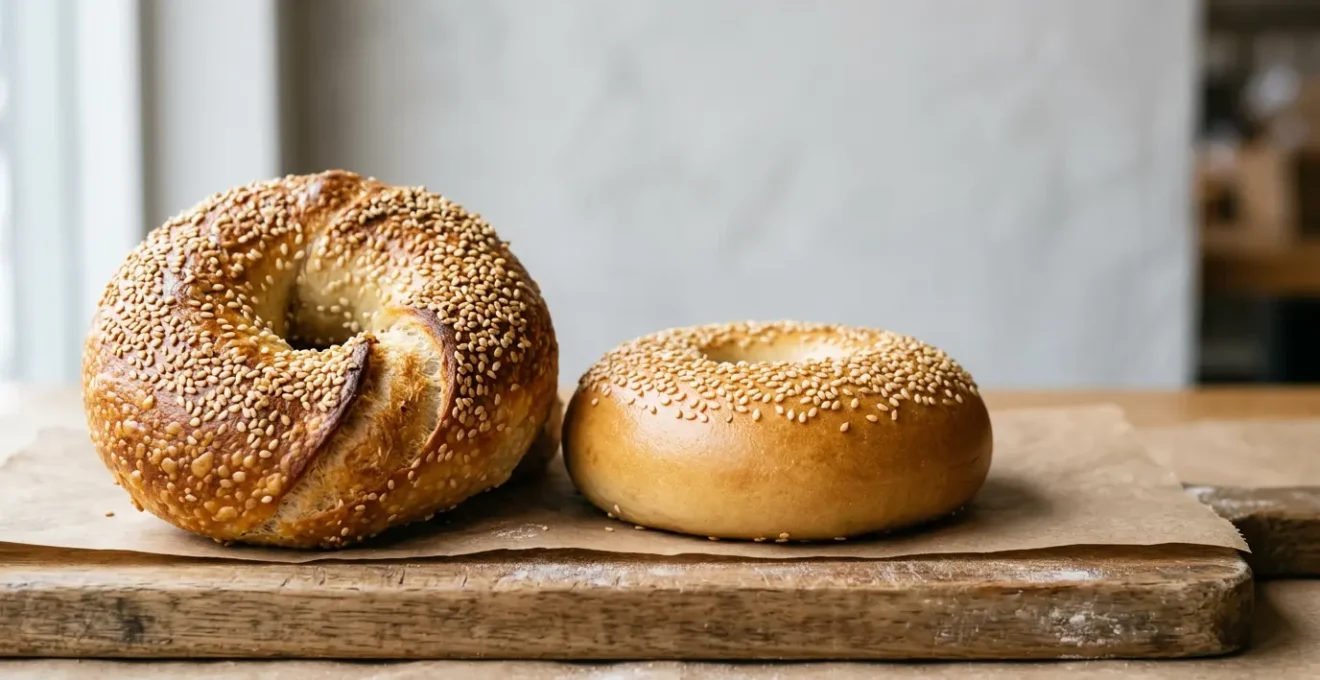 Close-up comparison of artisan hand-rolled bagel with visible texture and character