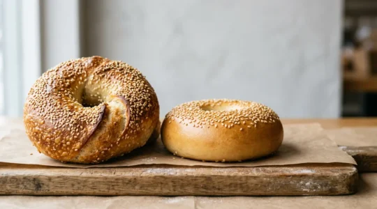 Close-up comparison of artisan hand-rolled bagel with visible texture and character