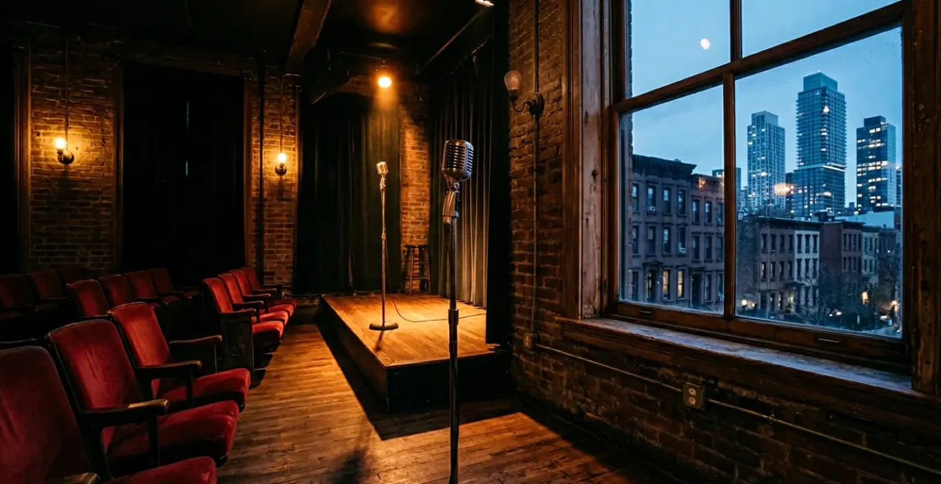 Intimate jazz club interior with warm lighting and empty seats, representing the vulnerability of historic Harlem music venues facing gentrification pressures
