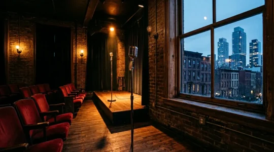 Intimate jazz club interior with warm lighting and empty seats, representing the vulnerability of historic Harlem music venues facing gentrification pressures
