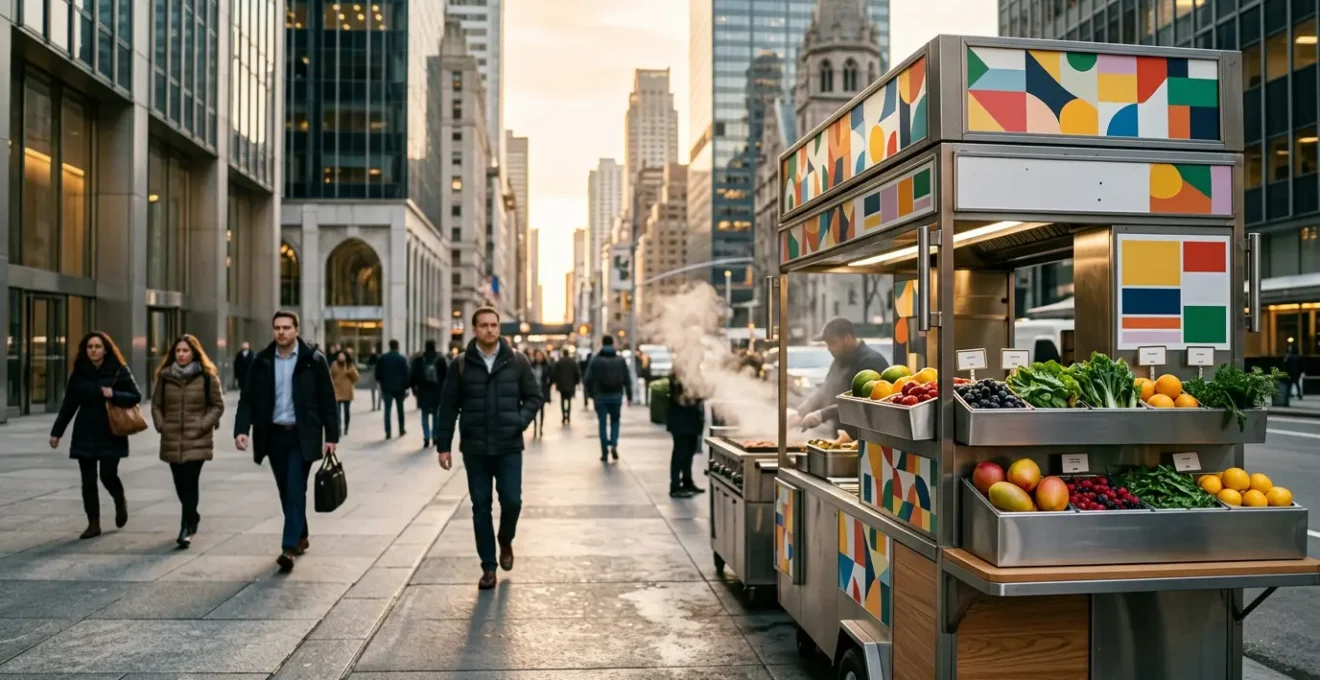 Fresh street food vendor cart with colorful fruits and healthy snacks in urban Midtown setting