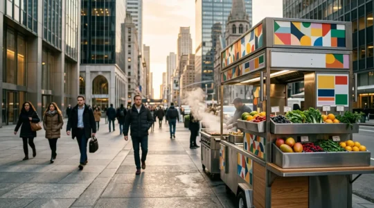 Fresh street food vendor cart with colorful fruits and healthy snacks in urban Midtown setting