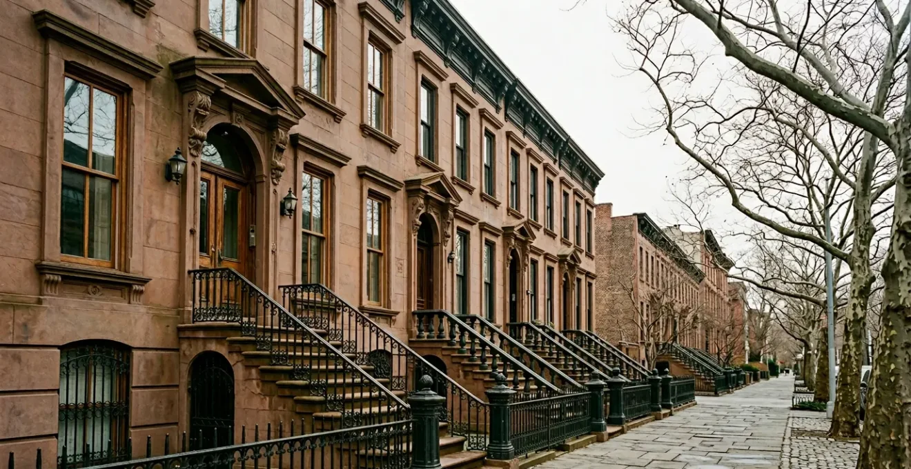 Historic Brooklyn brownstone row with ornate facades and iconic stoops on tree-lined street