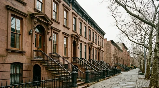 Historic Brooklyn brownstone row with ornate facades and iconic stoops on tree-lined street