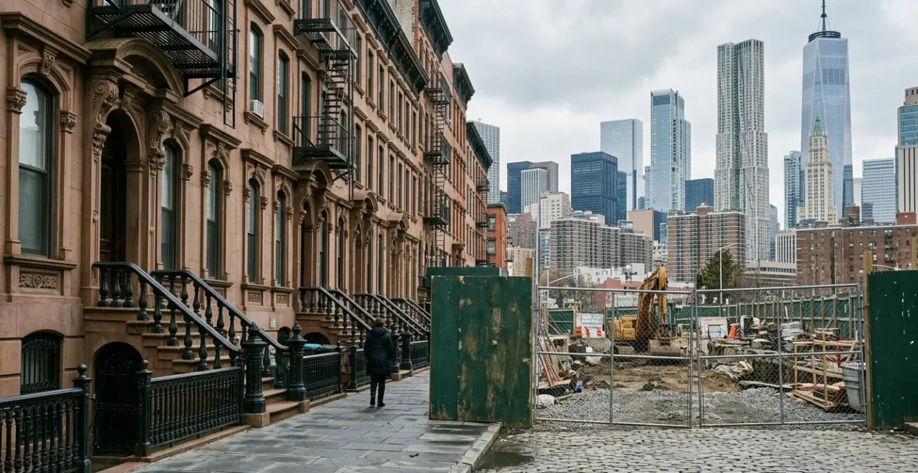 Contrast between preserved historic brownstone architecture and blocked modern housing development in New York City