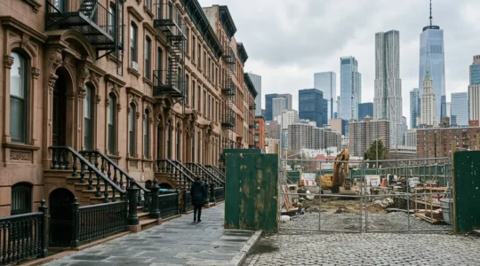 Contrast between preserved historic brownstone architecture and blocked modern housing development in New York City