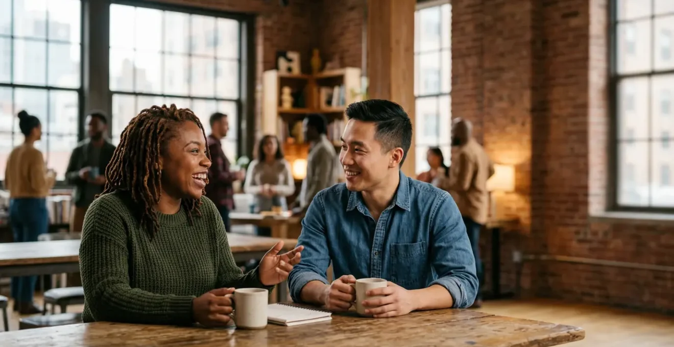 Diverse group of people connecting in a New York City community space, building support networks outside traditional ethnic neighborhoods
