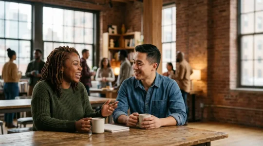 Diverse group of people connecting in a New York City community space, building support networks outside traditional ethnic neighborhoods