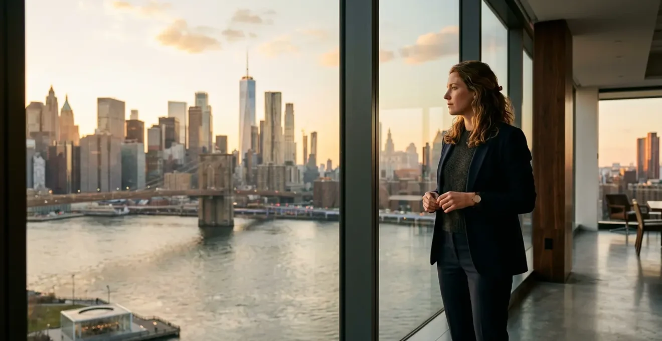 Ambitious entrepreneur standing at modern glass window overlooking Manhattan skyline with subtle reflections of startup energy and opportunity