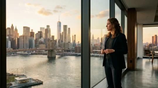 Ambitious entrepreneur standing at modern glass window overlooking Manhattan skyline with subtle reflections of startup energy and opportunity