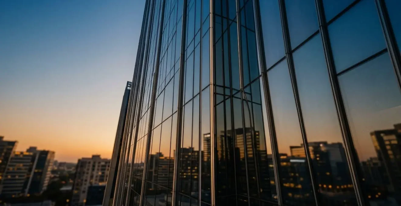 Modern glass luxury high-rise tower facade reflecting urban skyline with dramatic perspective