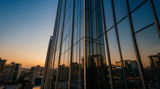 Modern glass luxury high-rise tower facade reflecting urban skyline with dramatic perspective