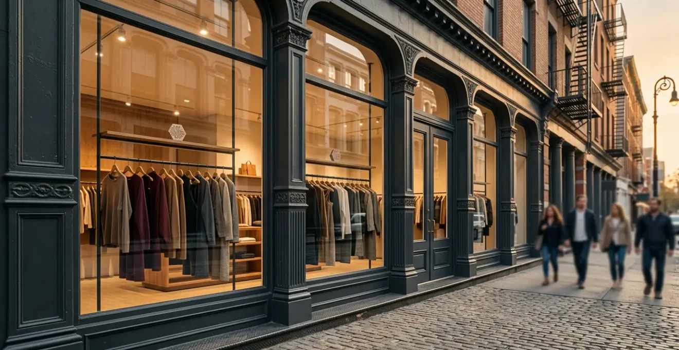 Elegant SoHo boutique storefront with curated fashion displays and sophisticated window presentation