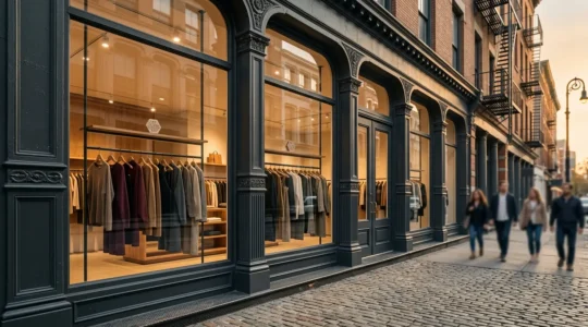 Elegant SoHo boutique storefront with curated fashion displays and sophisticated window presentation