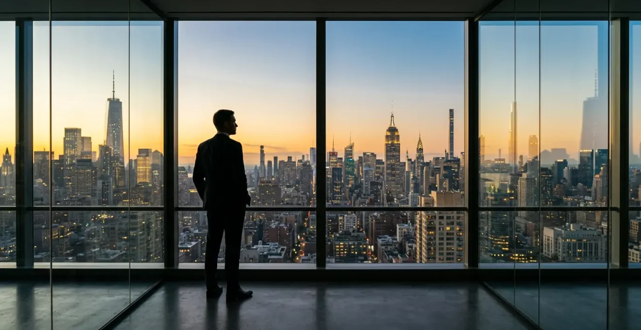 Ambitious professional overlooking Manhattan skyline from high-rise office building