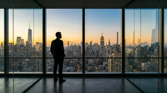Ambitious professional overlooking Manhattan skyline from high-rise office building