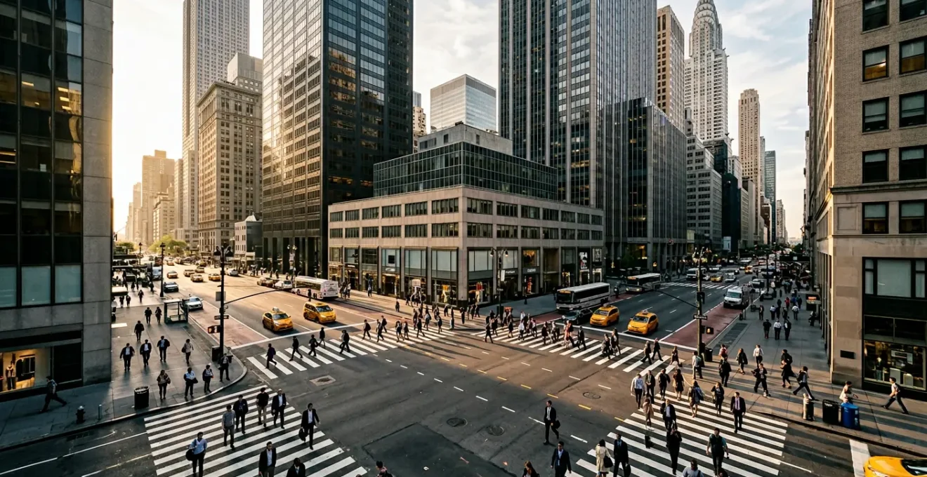 Midtown Manhattan commuter navigating morning rush hour