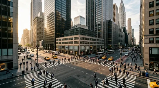 Midtown Manhattan commuter navigating morning rush hour