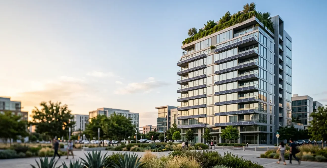 Contemporary LEED Platinum certified high-rise building with energy-efficient glass facade against urban skyline