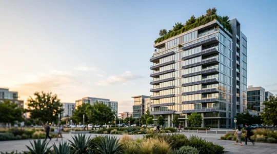 Contemporary LEED Platinum certified high-rise building with energy-efficient glass facade against urban skyline