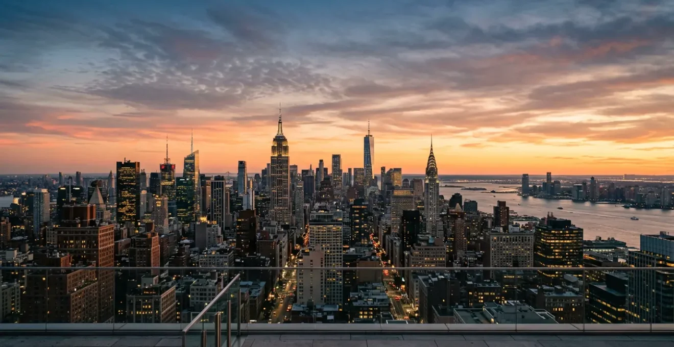 Panoramic view of iconic New York City skyline at golden hour with negative space
