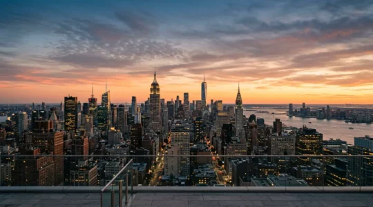 Panoramic view of iconic New York City skyline at golden hour with negative space