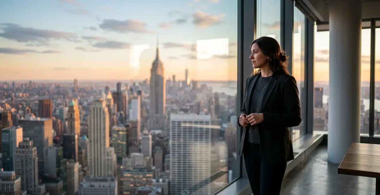 Contemplative professional viewing New York City skyline from apartment window at golden hour