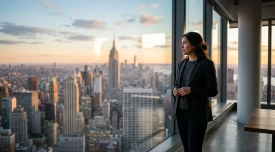 Contemplative professional viewing New York City skyline from apartment window at golden hour