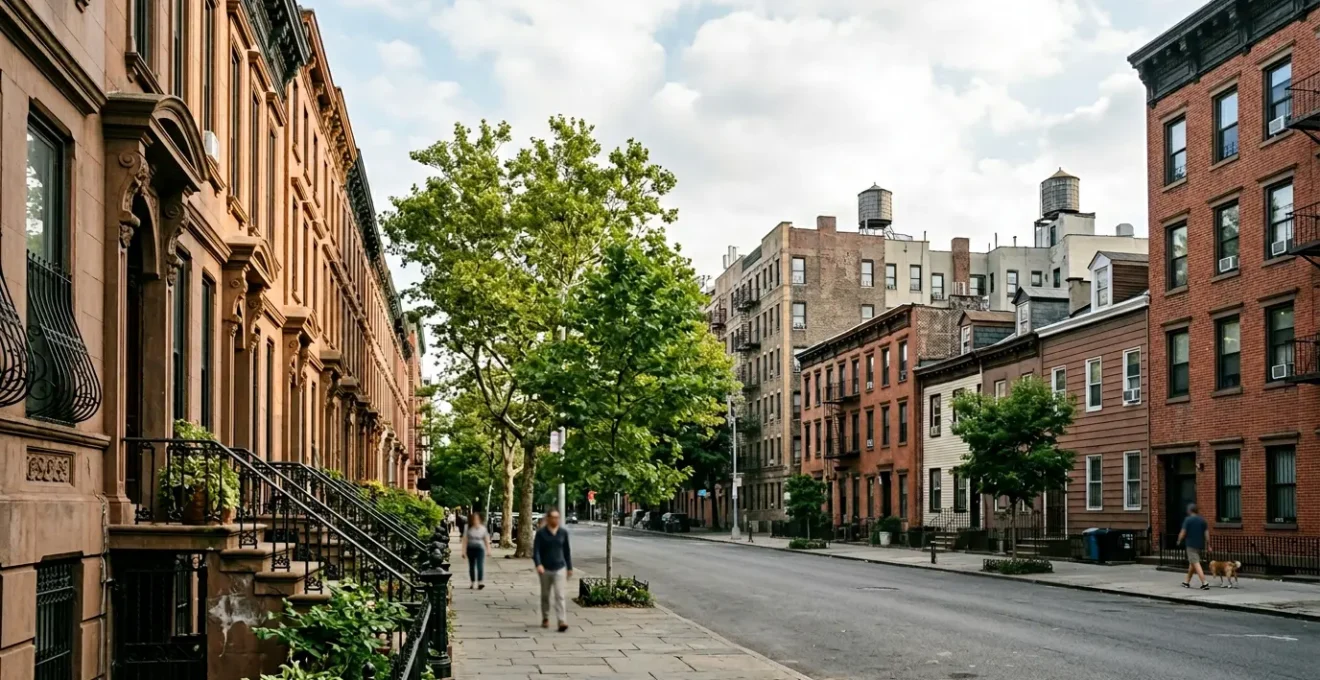 Diverse New York City residential streetscapes showcasing different borough architectural characters and neighborhood atmospheres