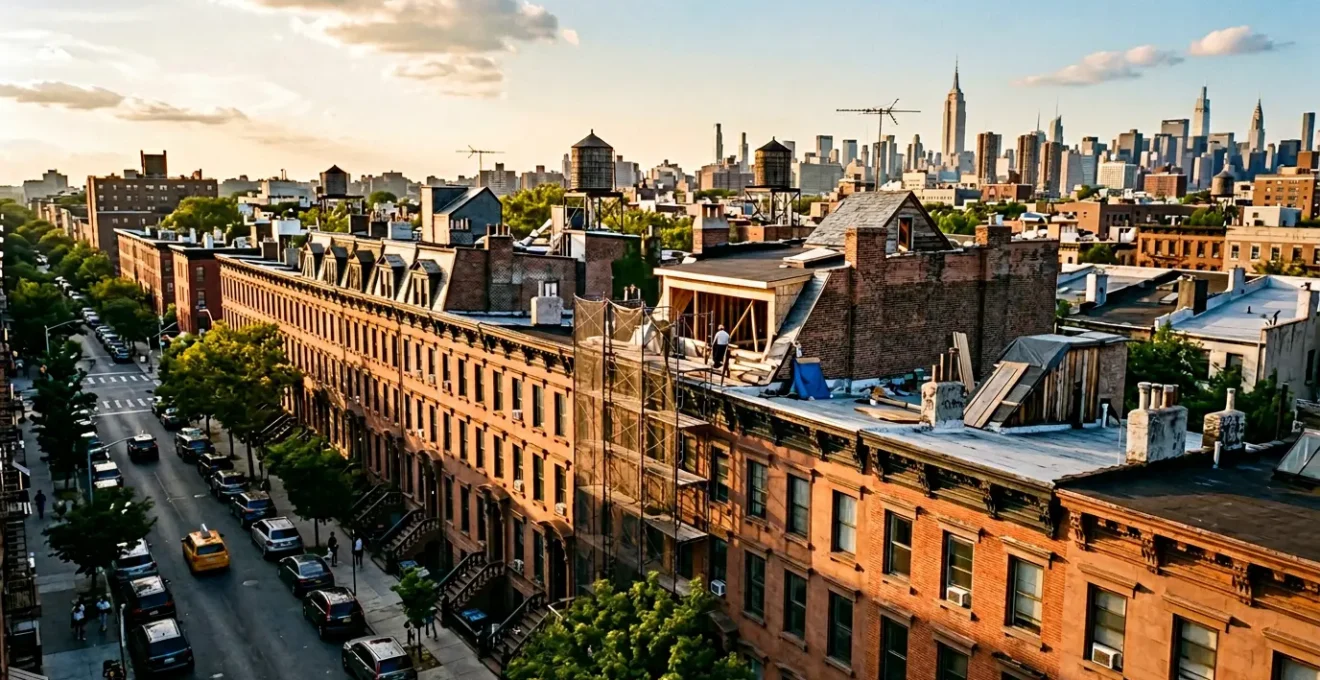 Aerial perspective of NYC brownstone row with architectural blueprint overlay showing vertical zoning envelope and floor addition potential