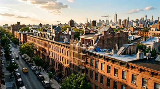 Aerial perspective of NYC brownstone row with architectural blueprint overlay showing vertical zoning envelope and floor addition potential